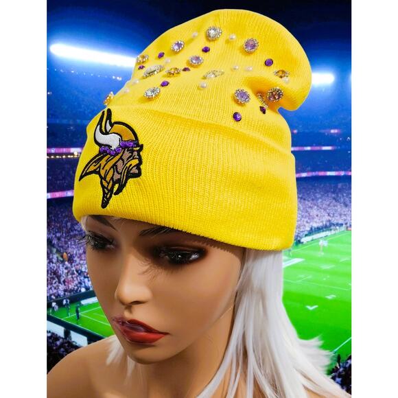 Minnesota Vikings Yellow & Purple Beanie design with Rhinestones, Viking Logo - Picture 3 of 5